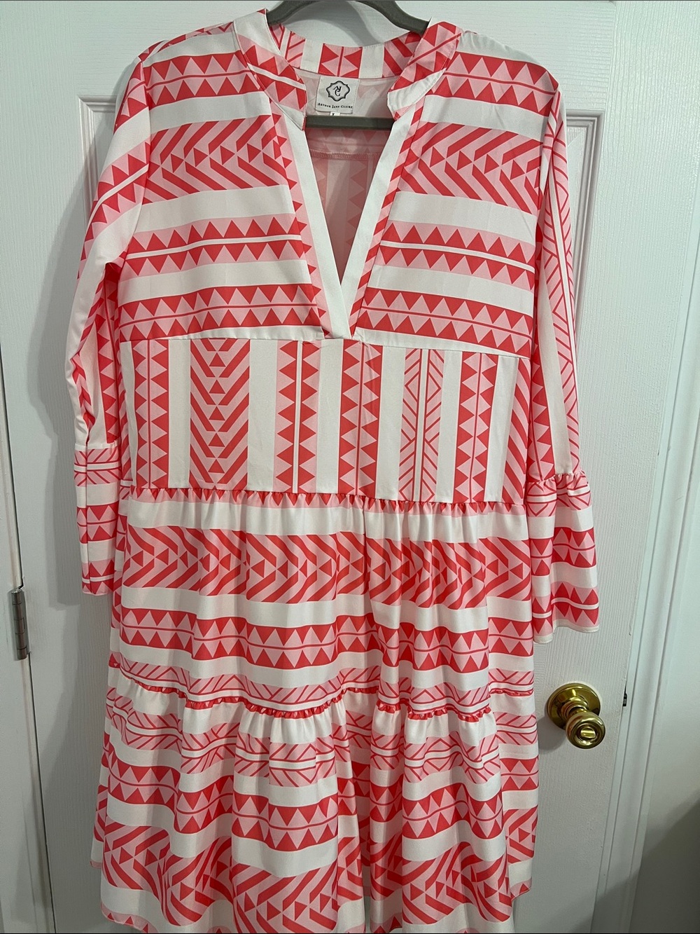 Women’s Coral & White Geometric V-Neck Tiered Mini Dress